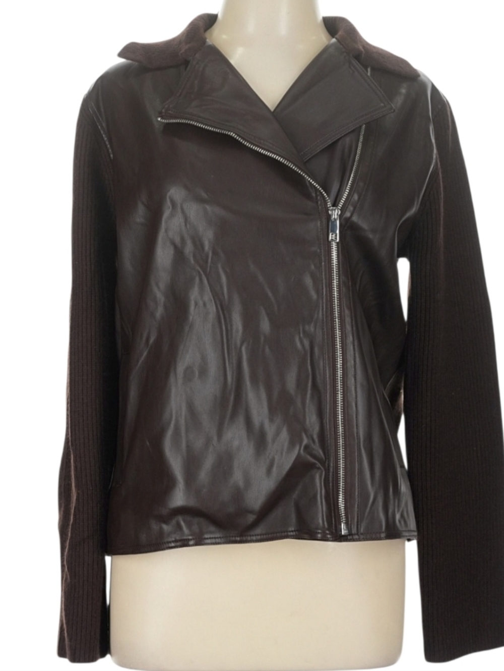 Ann Taylor Mixed Media Faux Leather Moto Sweater Jacket, Large - Picture 2 of 8